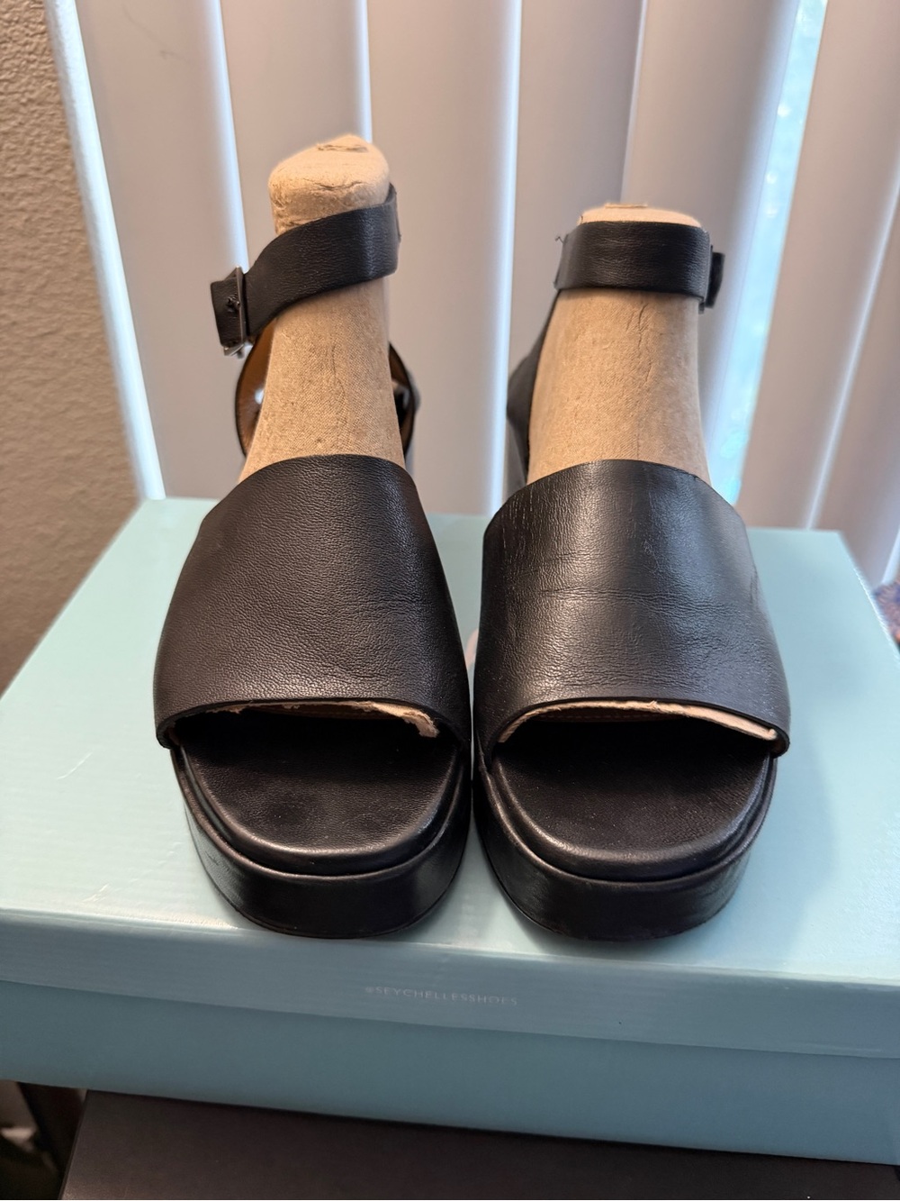 Seychelles Black Leather Ankle-Strap Platform Sandals